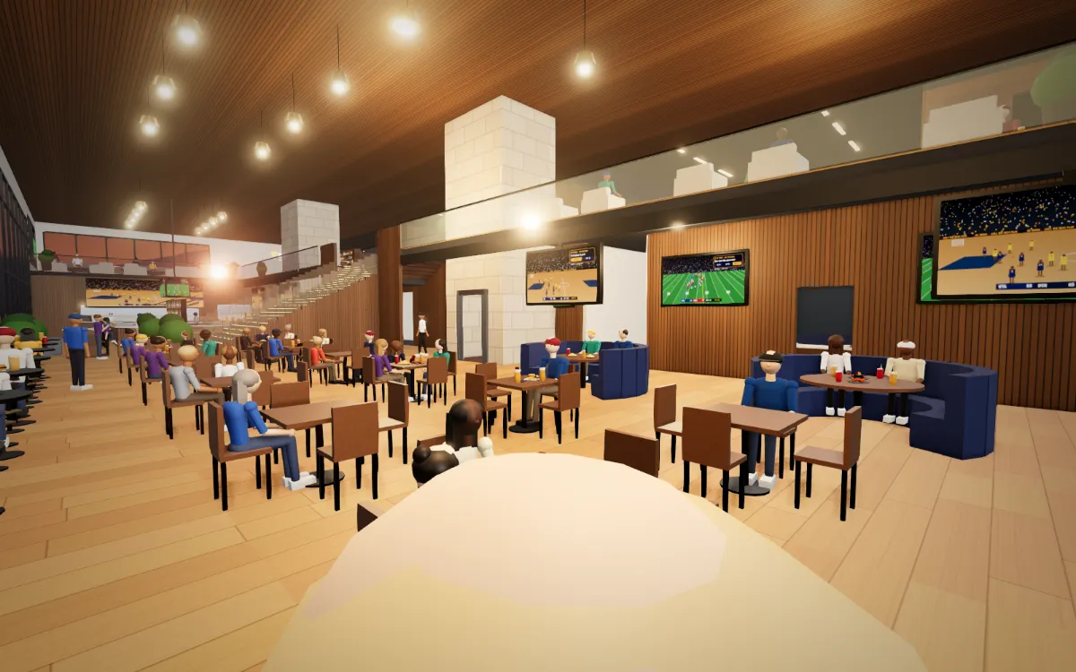 The restaurant and bar: tables, green booths, wall TVs and the grand stair up to the club level