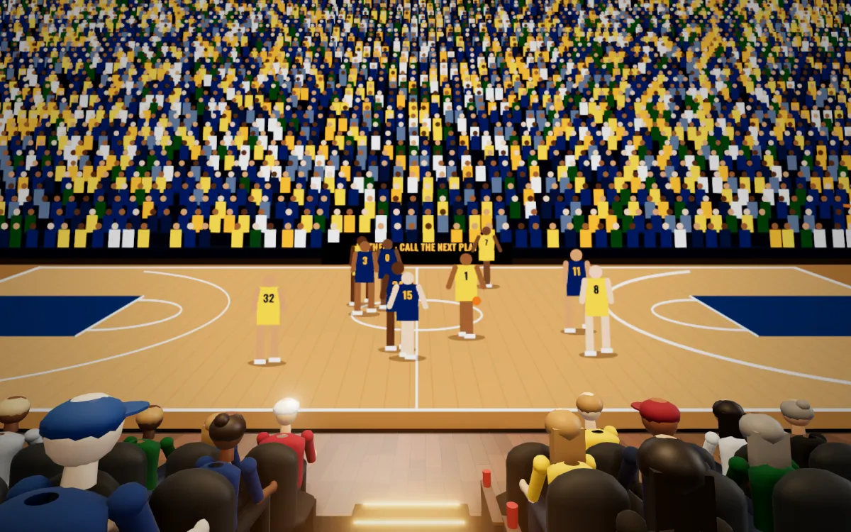 Theater 2: a floor-to-ceiling LED wall showing a basketball game at life size, with stadium seating rising from it